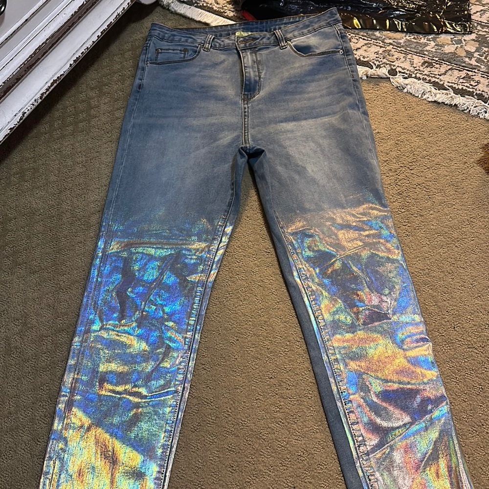 Blue jeans with iridescent bottoms
